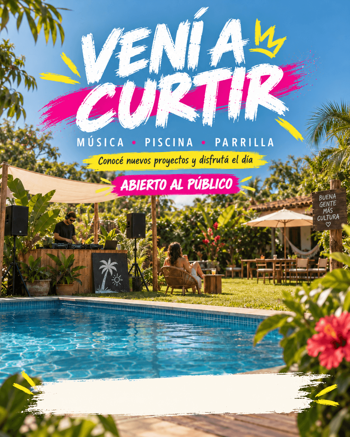 Vení a curtir: música, piscina y parrilla. Conocé nuevos proyectos y disfrutá el día. Abierto al público.