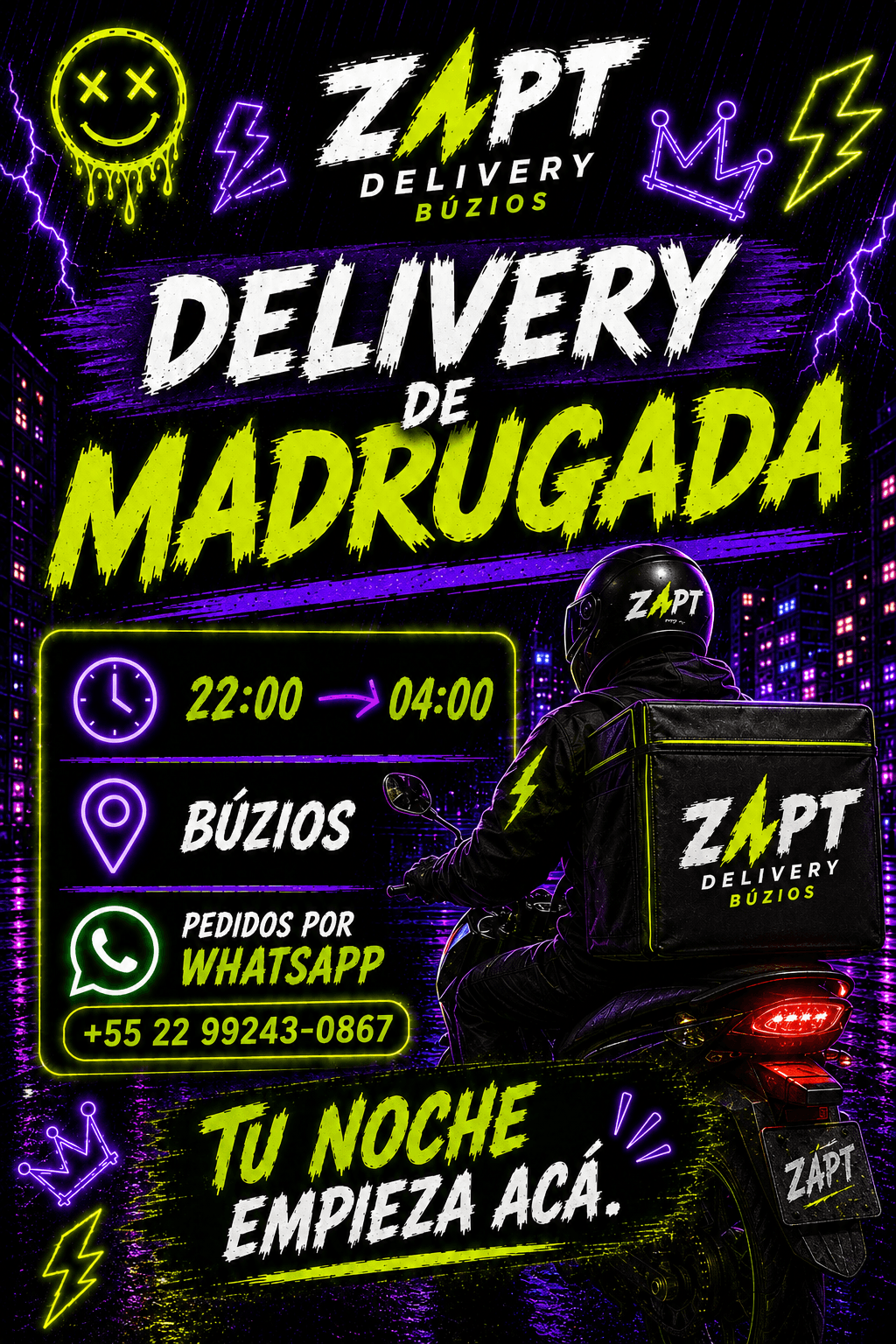 Entregador ZAPT pelas ruas de Búzios à noite