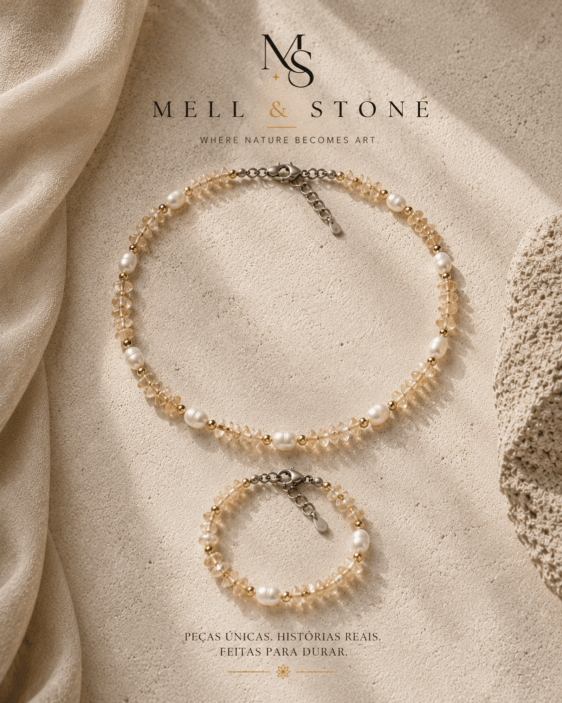 Conjunto artesanal de pérolas e cristais naturais Mell & Stone